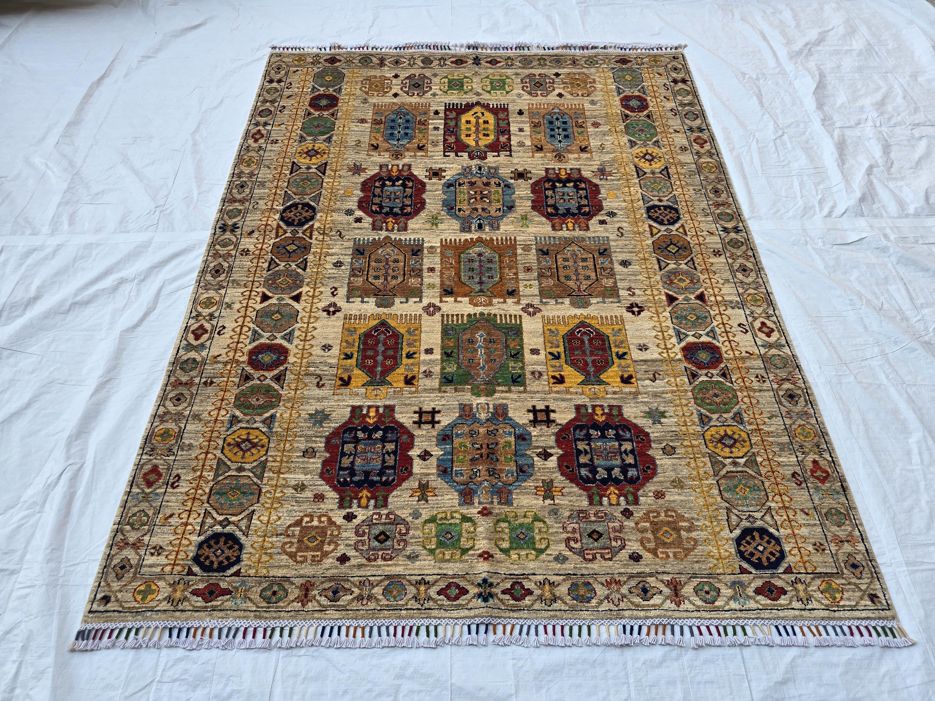 5x7 Turkmen Handwoven Medium Size Modern Rug, Afghan Tribal Geometric Wool Area Rug, Rug for Living Room, Bedroom Rug 218x168 cm