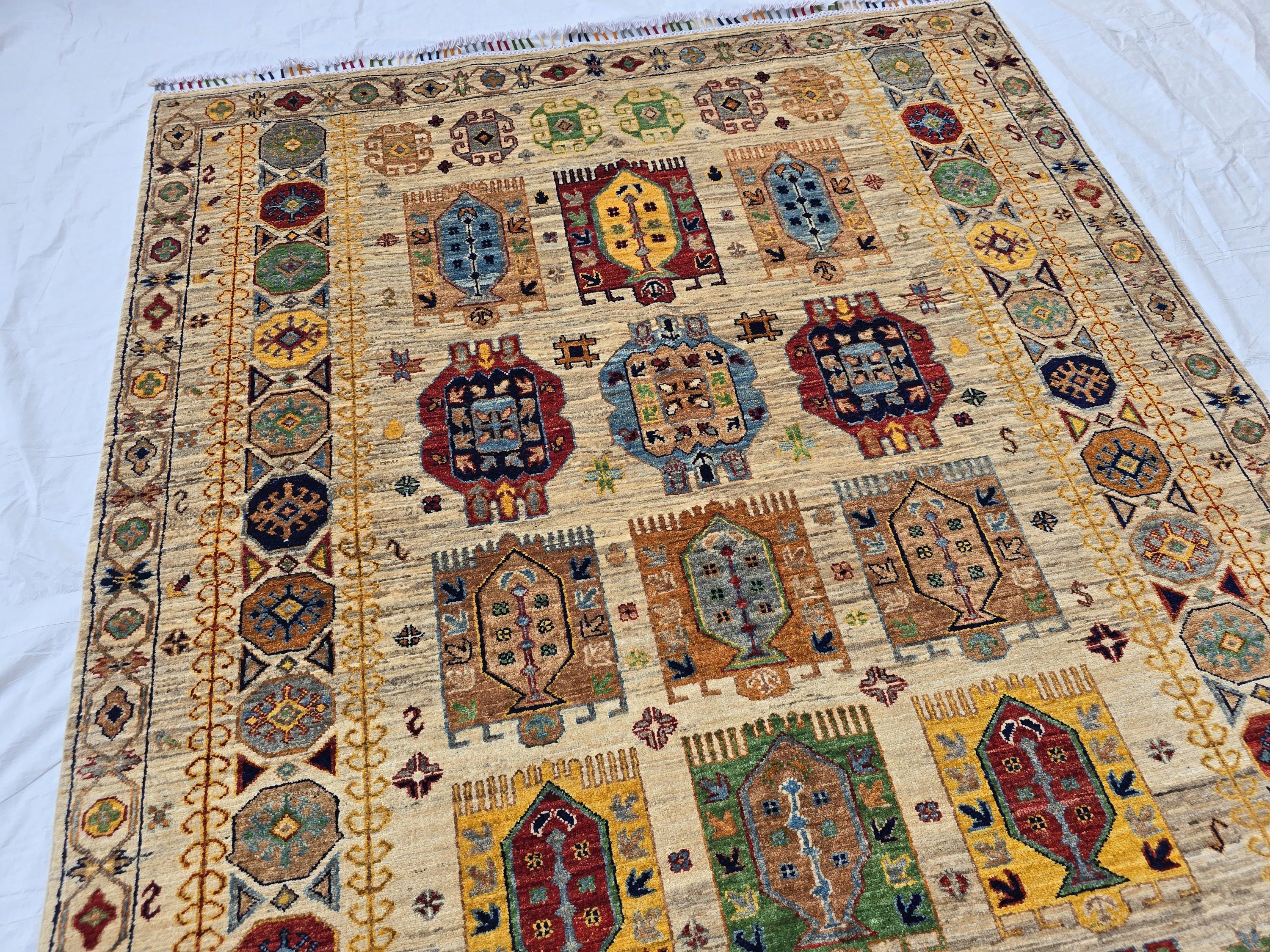 5x7 Turkmen Handwoven Medium Size Modern Rug, Afghan Tribal Geometric Wool Area Rug, Rug for Living Room, Bedroom Rug 218x168 cm
