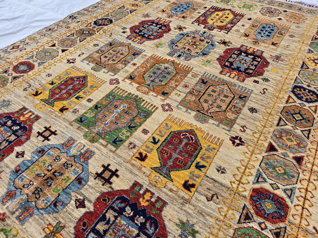 5x7 Turkmen Handwoven Medium Size Modern Rug, Afghan Tribal Geometric Wool Area Rug, Rug for Living Room, Bedroom Rug 218x168 cm