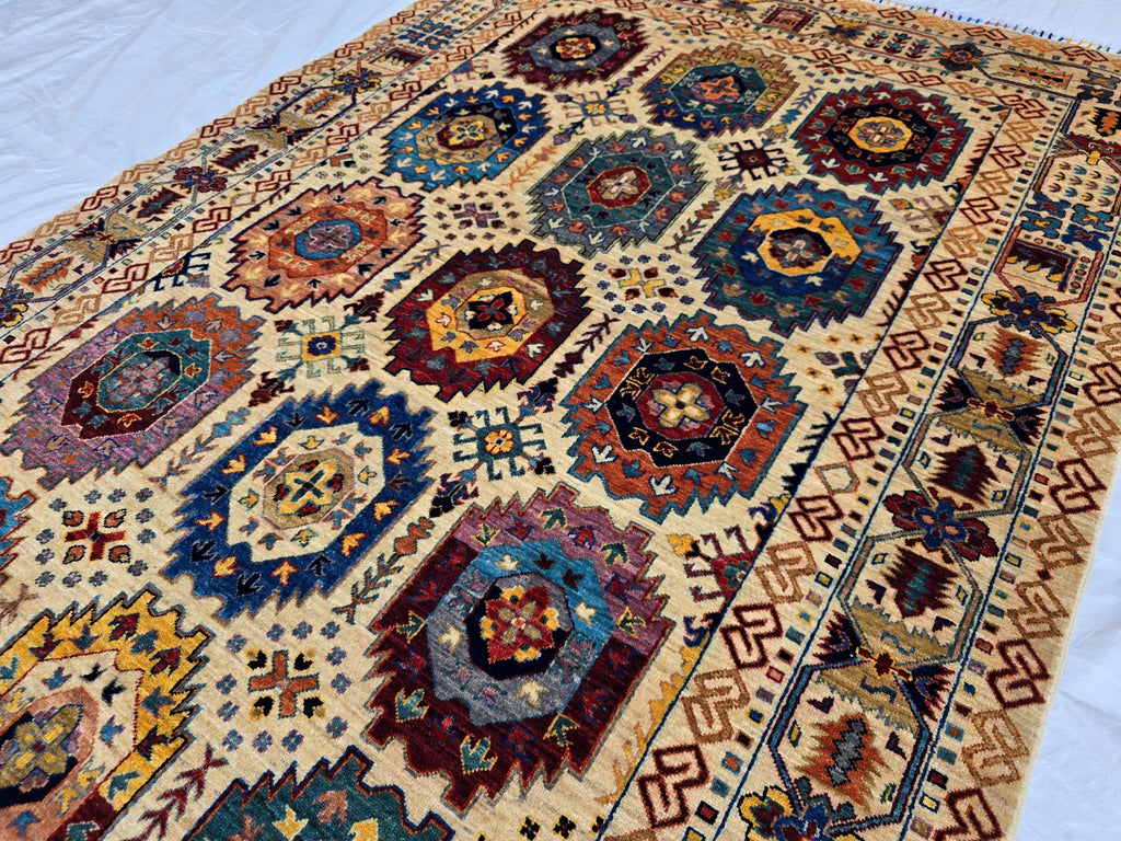 6x8ft Afghan Kazak Rug – Hand-Knotted Wool Area Rug, Tribal Geometric Design, Multicolor Carpet for Living Room or Office, Bedroom Rug