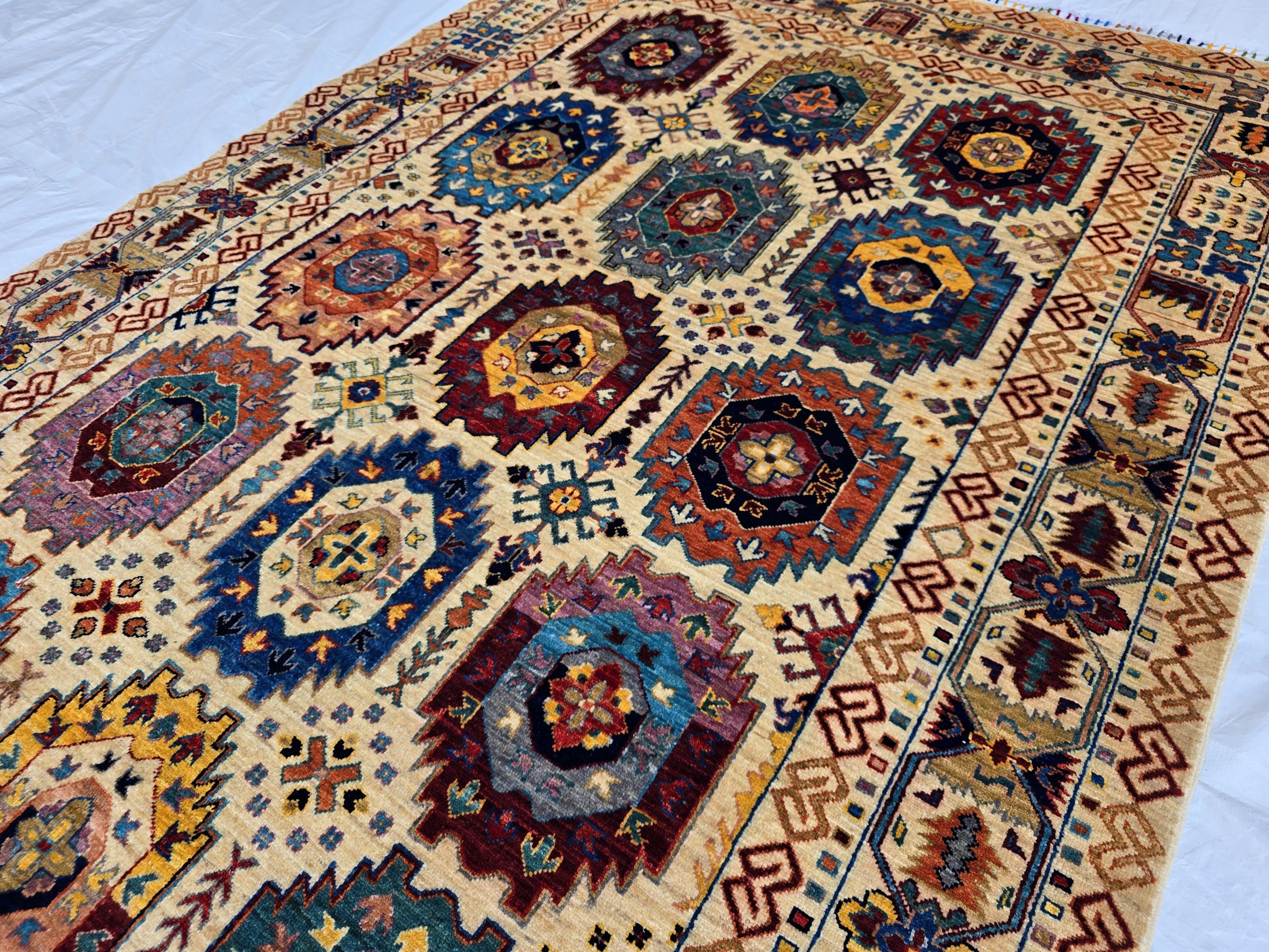 6x8ft Afghan Kazak Rug – Hand-Knotted Wool Area Rug, Tribal Geometric Design, Multicolor Carpet for Living Room or Office, Bedroom Rug