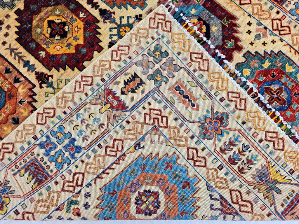 6x8ft Afghan Kazak Rug – Hand-Knotted Wool Area Rug, Tribal Geometric Design, Multicolor Carpet for Living Room or Office, Bedroom Rug