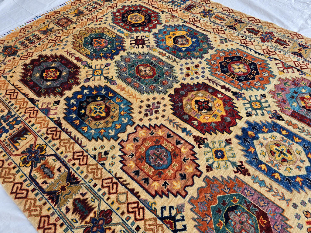 6x8ft Afghan Kazak Rug – Hand-Knotted Wool Area Rug, Tribal Geometric Design, Multicolor Carpet for Living Room or Office, Bedroom Rug