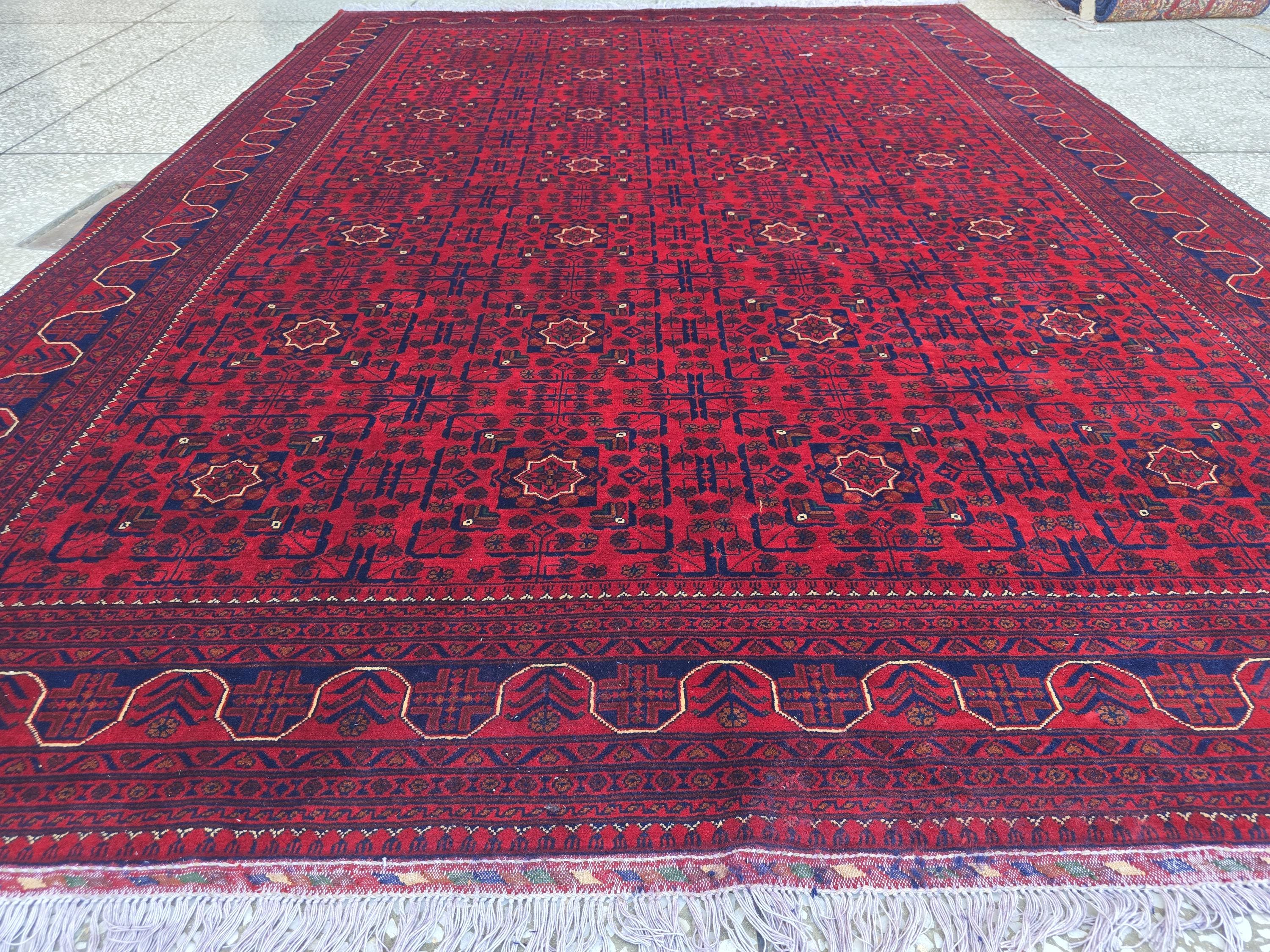 8x11 Large Afghan Handwoven Bukhara Carpet, Turkmen Soft Oriental Red and Blue Wool Rug, Boho Home Decor, Large Living Room Rug, Bedroom Rug