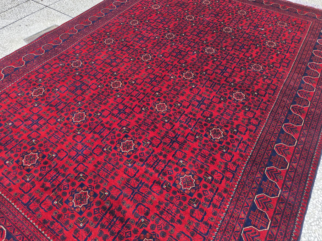 8x11 Large Afghan Handwoven Bukhara Carpet, Turkmen Soft Oriental Red and Blue Wool Rug, Boho Home Decor, Large Living Room Rug, Bedroom Rug