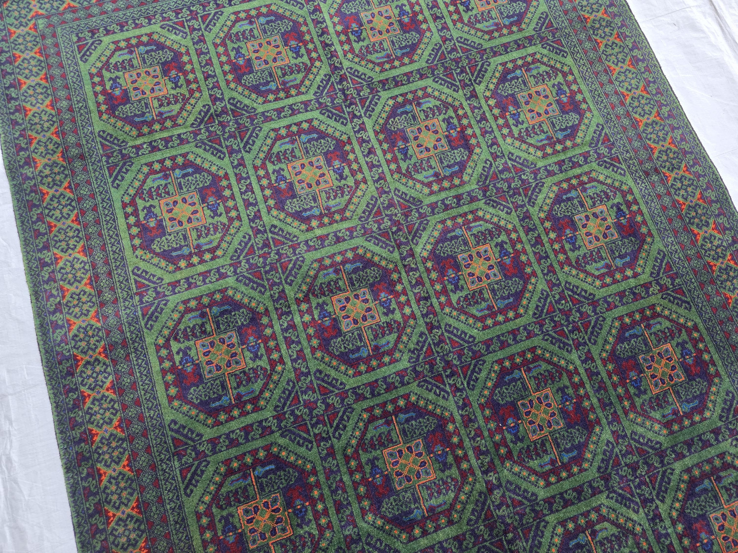 5x7 Green Bukhara Afghan Handwoven Soft Rug, Turkmen Tribal Oriental Wool Area Rug, Boho Home Decor, Living Room Rug, Bedroom Rug 206x150 cm