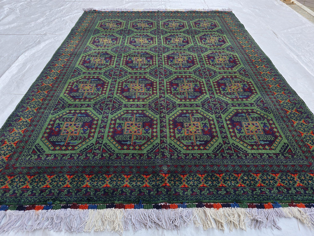 5x7 Green Bukhara Afghan Handwoven Soft Rug, Turkmen Tribal Oriental Wool Area Rug, Boho Home Decor, Living Room Rug, Bedroom Rug 206x150 cm