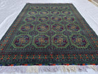 5x7 Green Bukhara Afghan Handwoven Soft Rug, Turkmen Tribal Oriental Wool Area Rug, Boho Home Decor, Living Room Rug, Bedroom Rug 206x150 cm