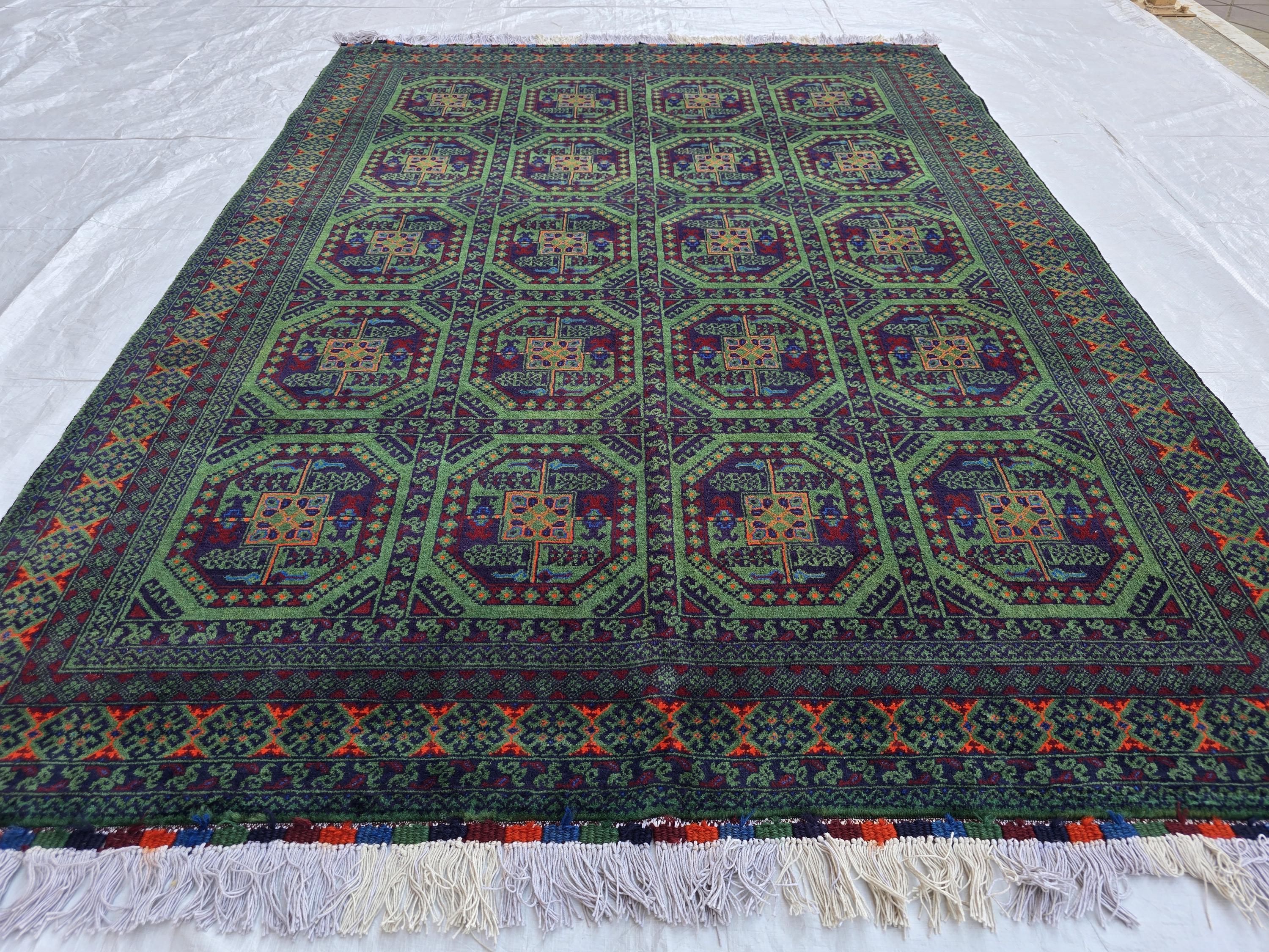 5x7 Green Bukhara Afghan Handwoven Soft Rug, Turkmen Tribal Oriental Wool Area Rug, Boho Home Decor, Living Room Rug, Bedroom Rug 206x150 cm