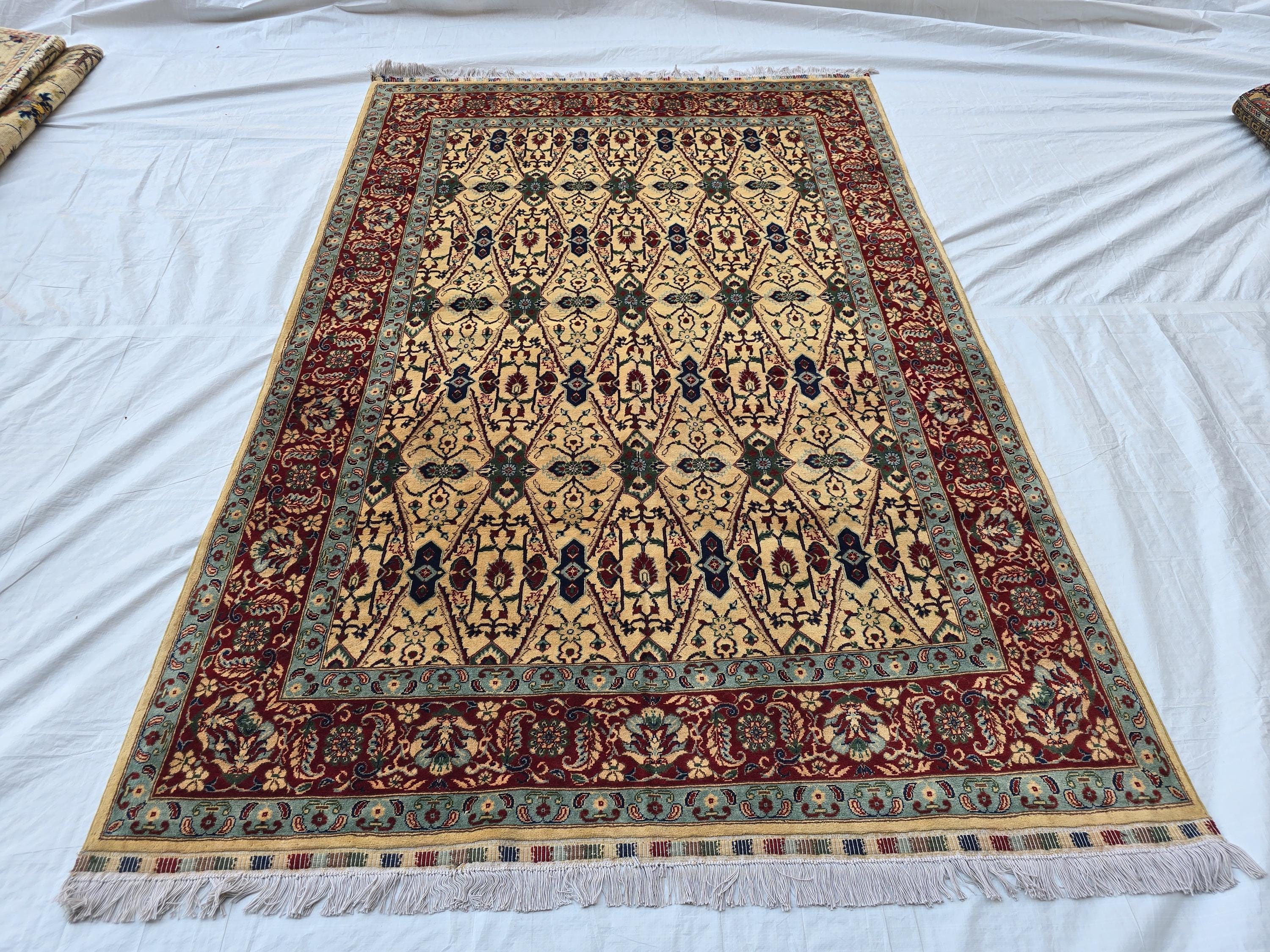5x8ft Cream & Red Afghan Persian Rug – Hand-Knotted Floral Carpet, Wool Area Rug, Traditional Decor, Rug for Living Room, Bedroom Rug