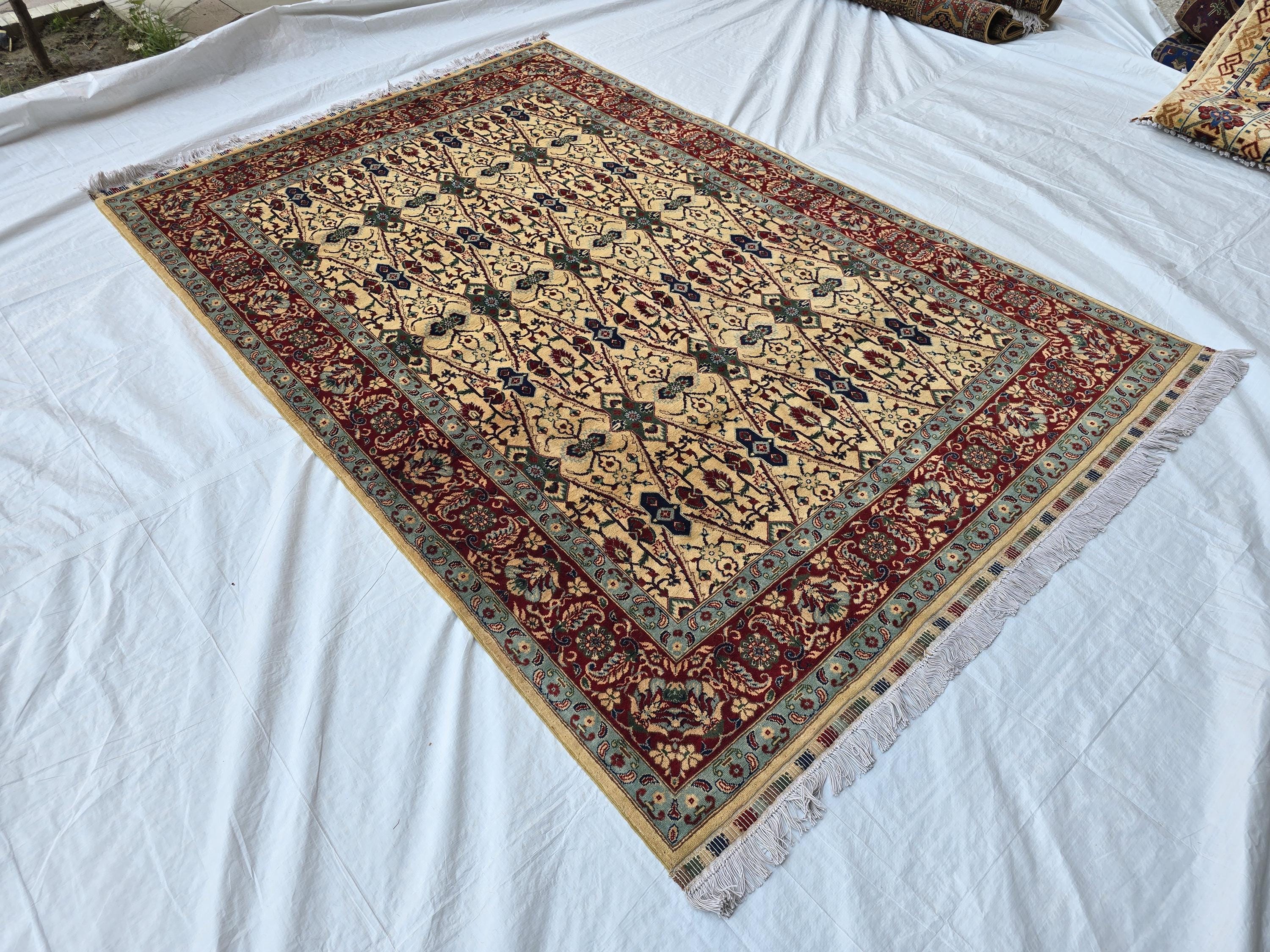 5x8ft Cream & Red Afghan Persian Rug – Hand-Knotted Floral Carpet, Wool Area Rug, Traditional Decor, Rug for Living Room, Bedroom Rug