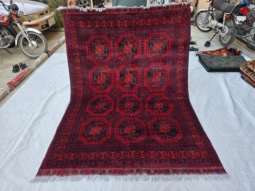 5x7 Rich Red Afghan Tribal Handwoven Soft Rug, Turkmen Oriental Wool Floor Rug, Boho Home Decor, Rug for Bedroom, Living Room Rug, Office