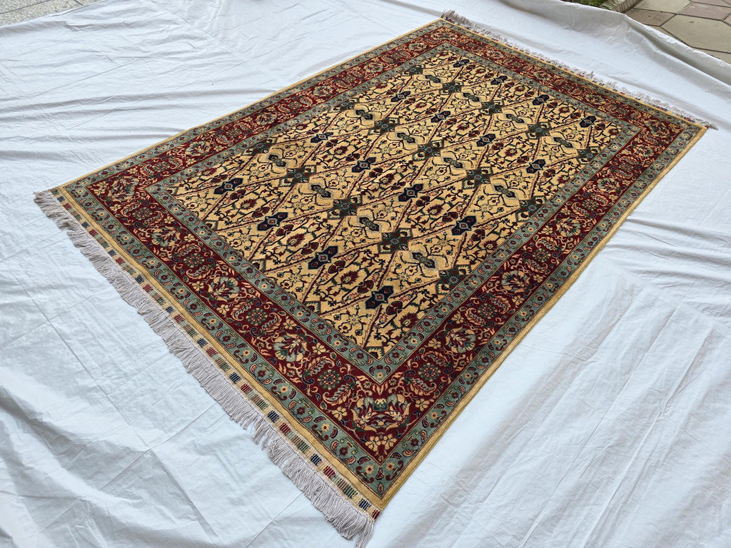 5x8ft Cream & Red Afghan Persian Rug – Hand-Knotted Floral Carpet, Wool Area Rug, Traditional Decor, Rug for Living Room, Bedroom Rug