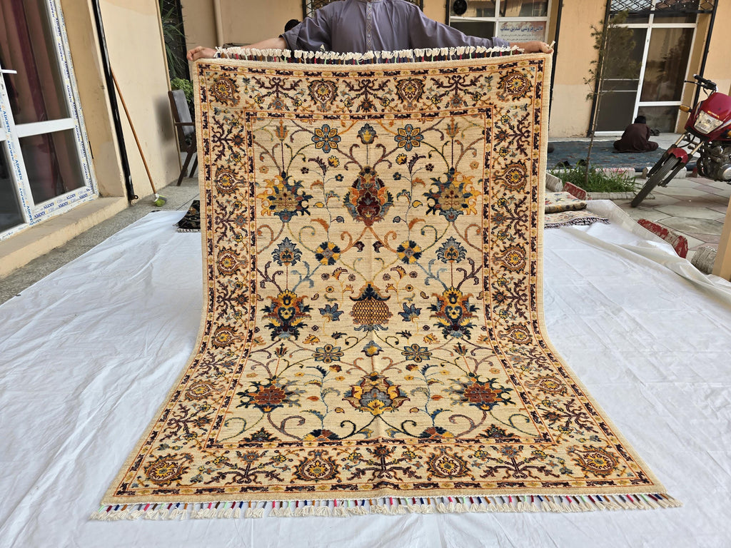 5x7ft Cream Floral Handmade Afghan Rug – Traditional Wool Area Carpet –Turkmen Oriental Design, Decorative Boho Living Room Rug, Bedroom Rug