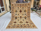 5x7ft Cream Floral Handmade Afghan Rug – Traditional Wool Area Carpet –Turkmen Oriental Design, Decorative Boho Living Room Rug, Bedroom Rug