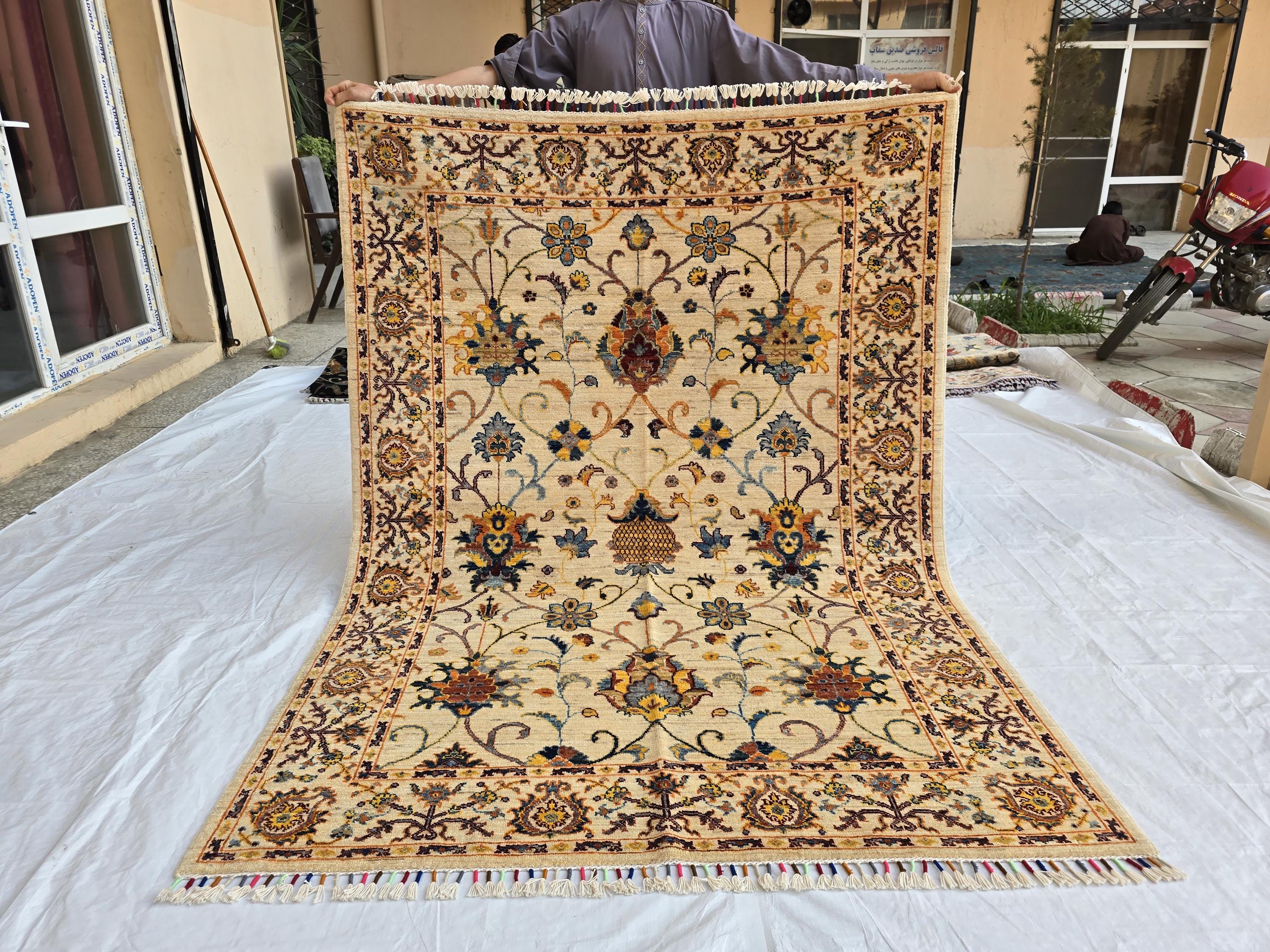 5x7ft Cream Floral Handmade Afghan Rug – Traditional Wool Area Carpet –Turkmen Oriental Design, Decorative Boho Living Room Rug, Bedroom Rug