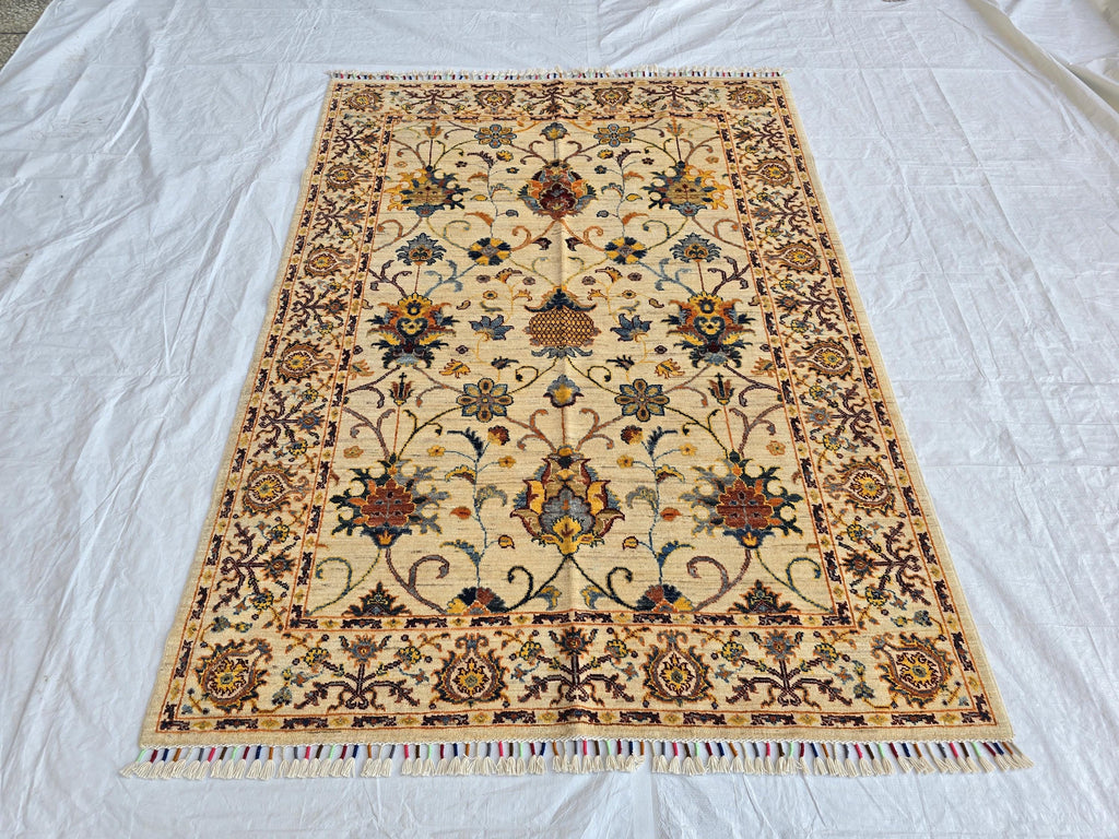5x7ft Cream Floral Handmade Afghan Rug – Traditional Wool Area Carpet –Turkmen Oriental Design, Decorative Boho Living Room Rug, Bedroom Rug