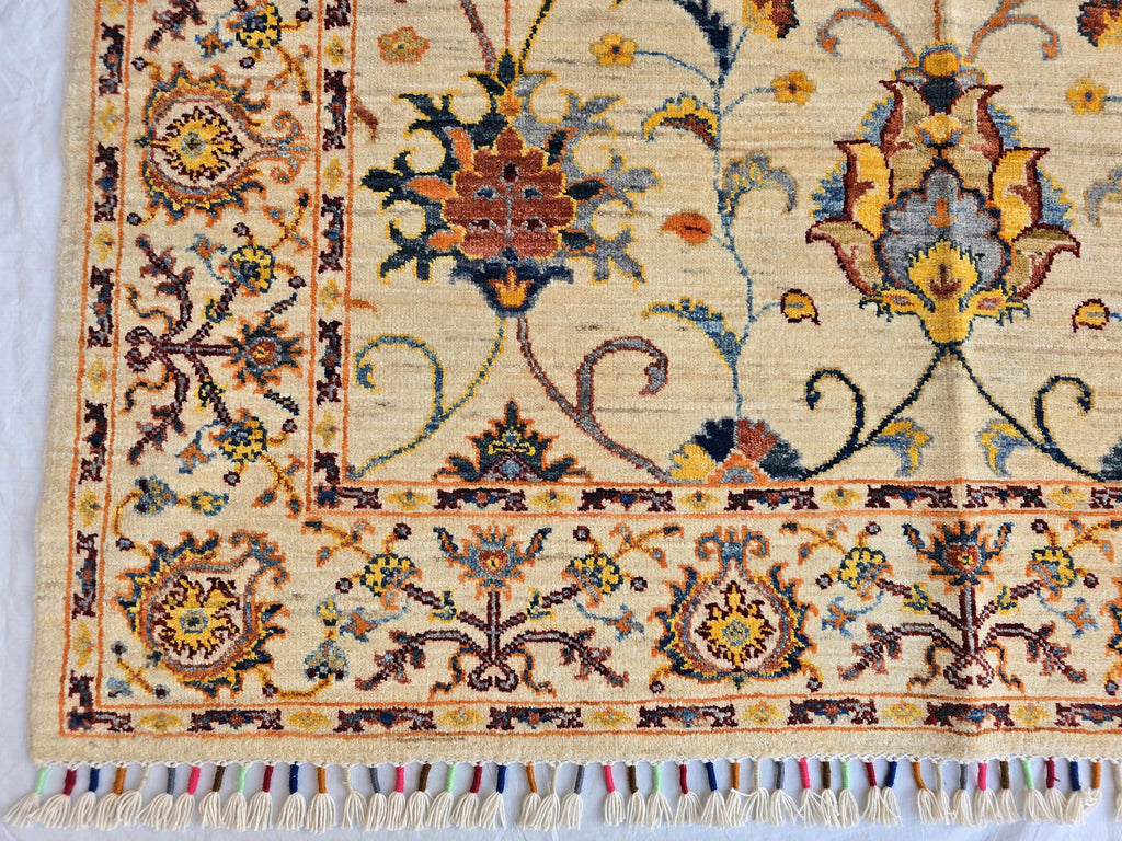 5x7ft Cream Floral Handmade Afghan Rug – Traditional Wool Area Carpet –Turkmen Oriental Design, Decorative Boho Living Room Rug, Bedroom Rug