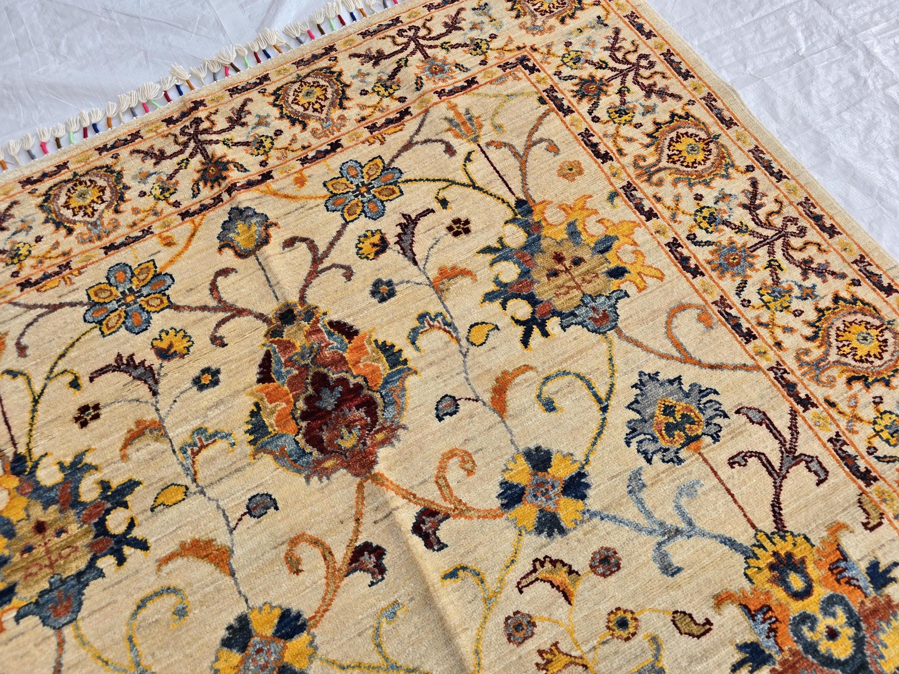 5x7ft Cream Floral Handmade Afghan Rug – Traditional Wool Area Carpet –Turkmen Oriental Design, Decorative Boho Living Room Rug, Bedroom Rug