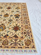 5x7ft Cream Floral Handmade Afghan Rug – Traditional Wool Area Carpet –Turkmen Oriental Design, Decorative Boho Living Room Rug, Bedroom Rug