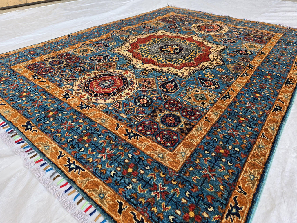 5x7 Blue Mamluk Rug– Handmade Wool Afghan Area Carpet – Traditional Geometric Oriental Design – Tribal Floor Rug Bedroom Rug 206x149 cm