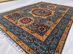 5x7 Blue Mamluk Rug– Handmade Wool Afghan Area Carpet – Traditional Geometric Oriental Design – Tribal Floor Rug Bedroom Rug 206x149 cm