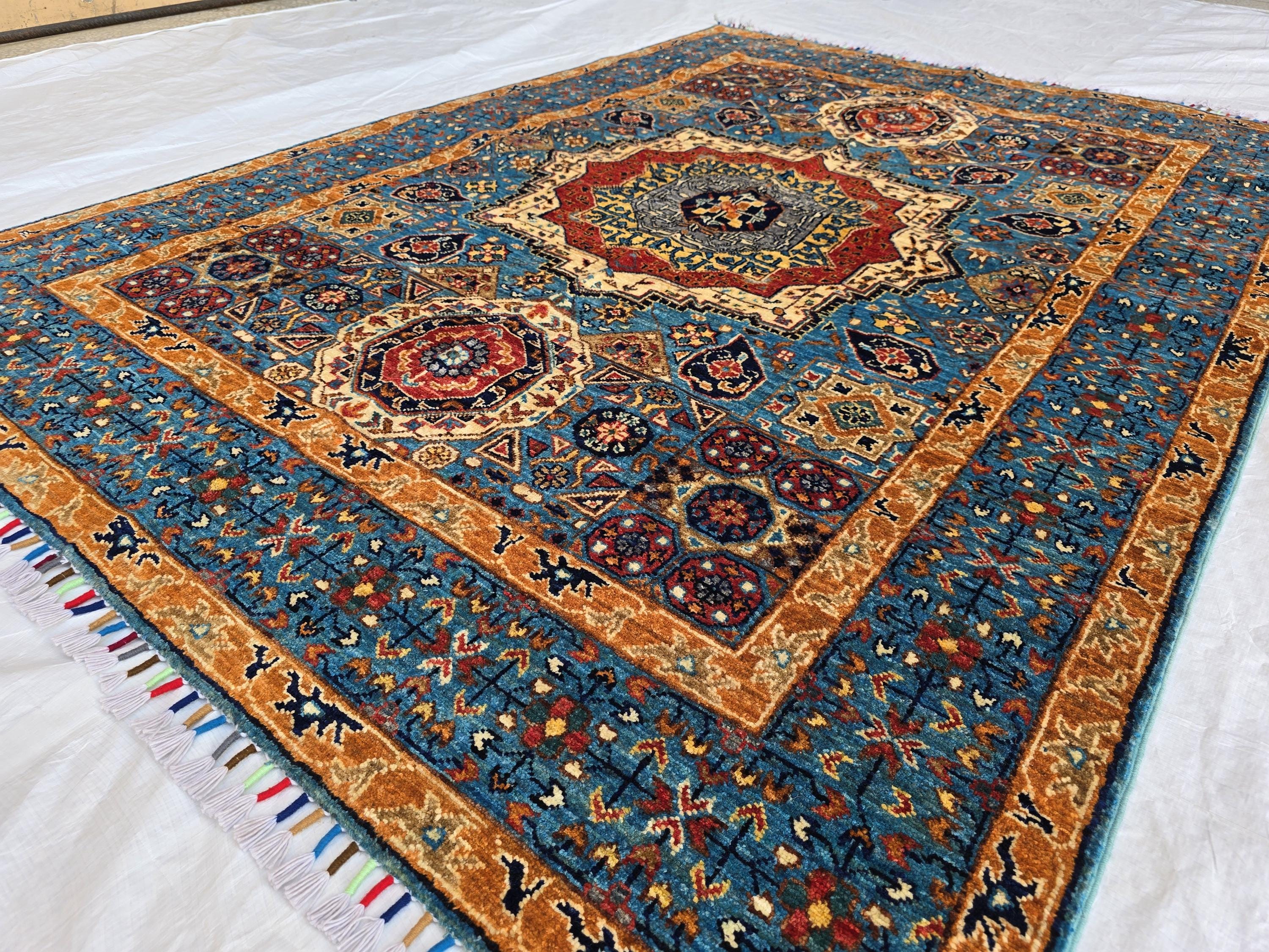 5x7 Blue Mamluk Rug– Handmade Wool Afghan Area Carpet – Traditional Geometric Oriental Design – Tribal Floor Rug Bedroom Rug 206x149 cm