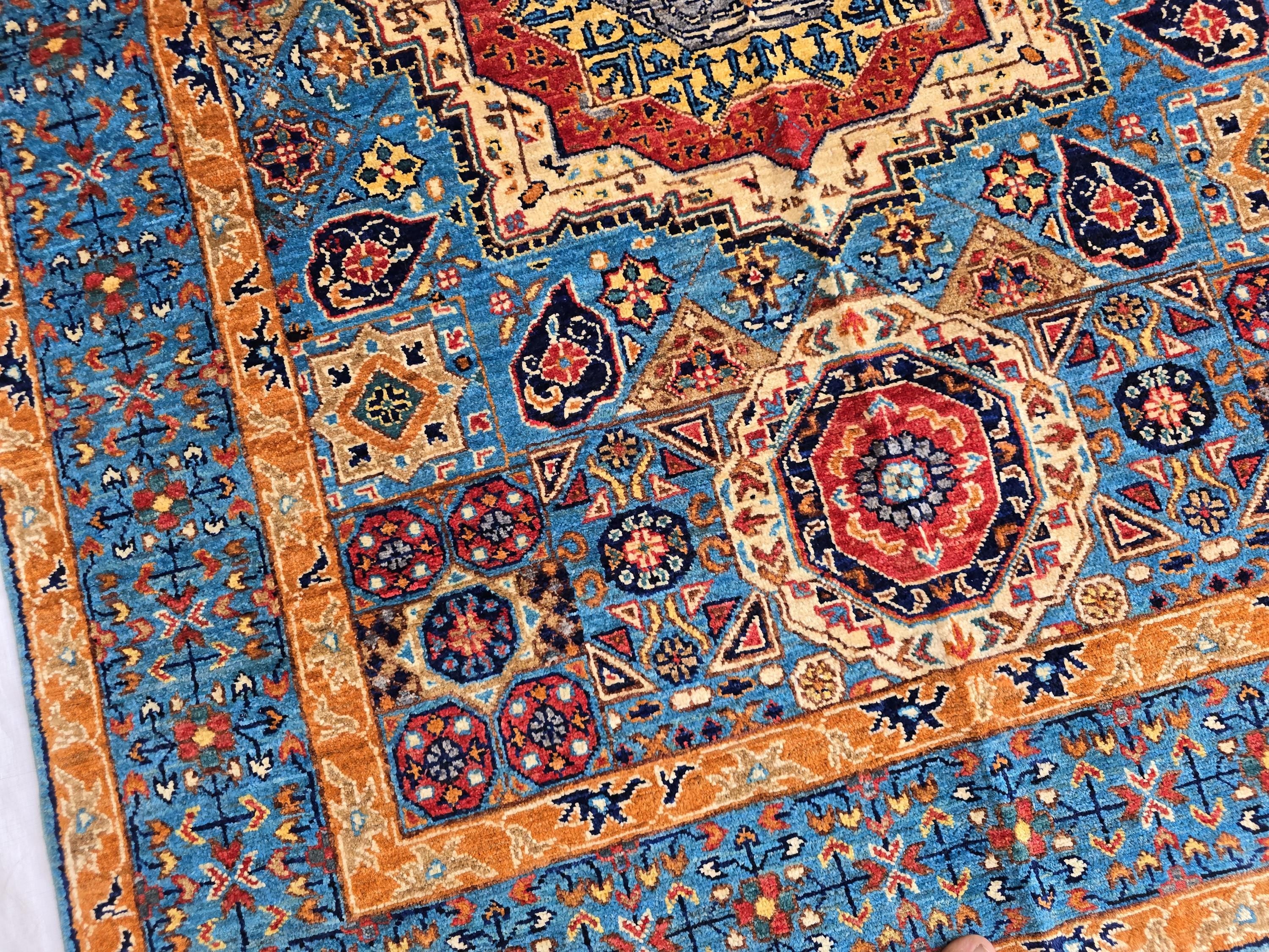 5x7 Blue Mamluk Rug– Handmade Wool Afghan Area Carpet – Traditional Geometric Oriental Design – Tribal Floor Rug Bedroom Rug 206x149 cm