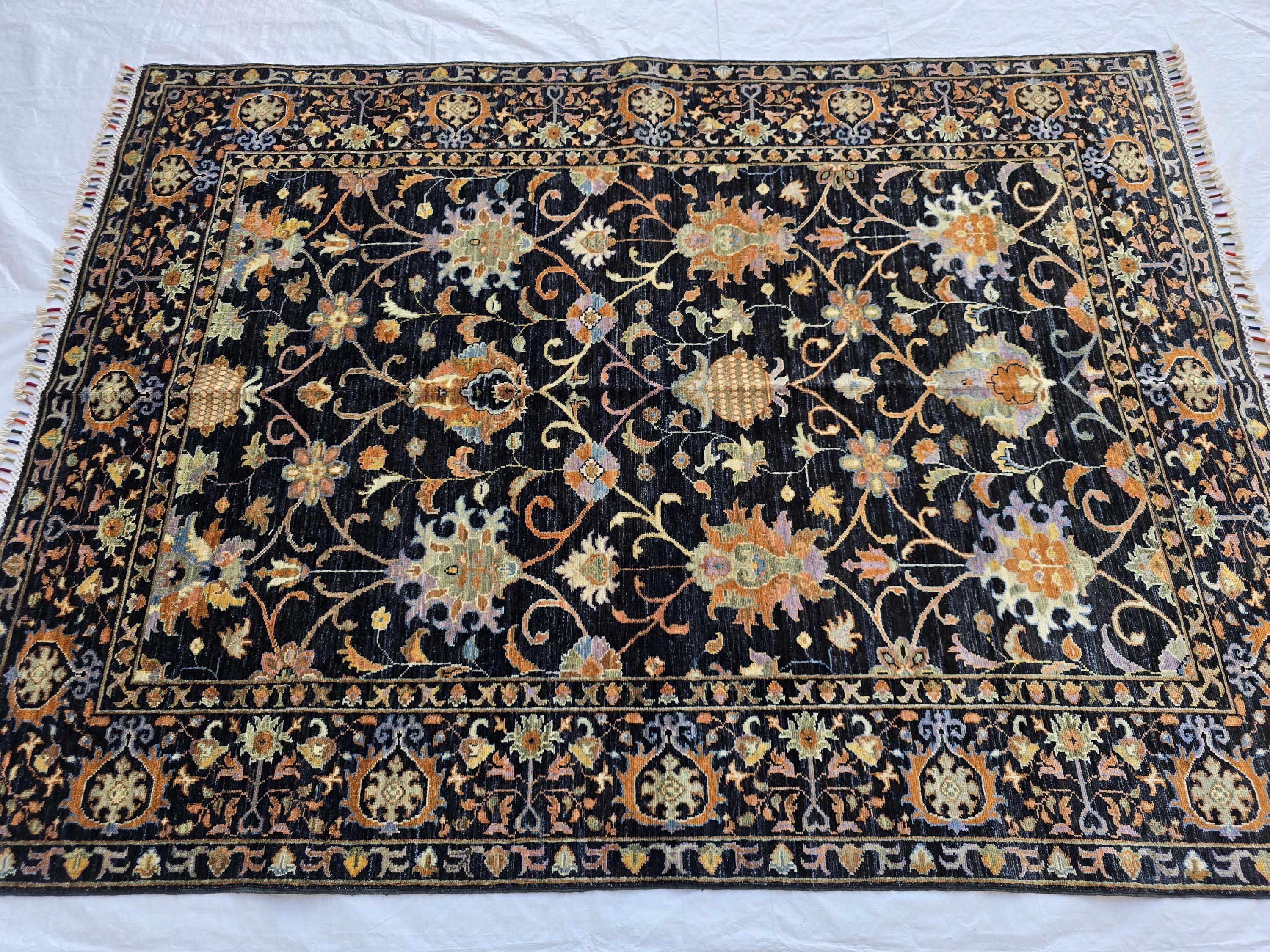 5x7ft Black Floral Afghan Rug – Handmade Wool Area Carpet – Botanical Design – Traditional Oriental Floor Rug – Boho Home Decor, Bedroom Rug