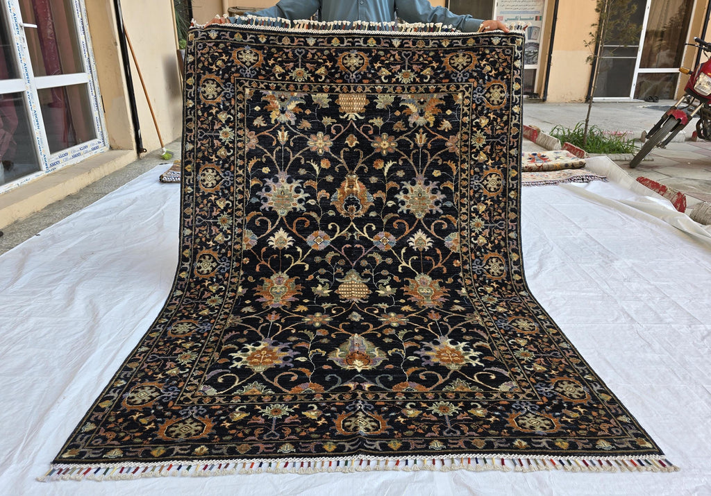 5x7ft Black Floral Afghan Rug – Handmade Wool Area Carpet – Botanical Design – Traditional Oriental Floor Rug – Boho Home Decor, Bedroom Rug