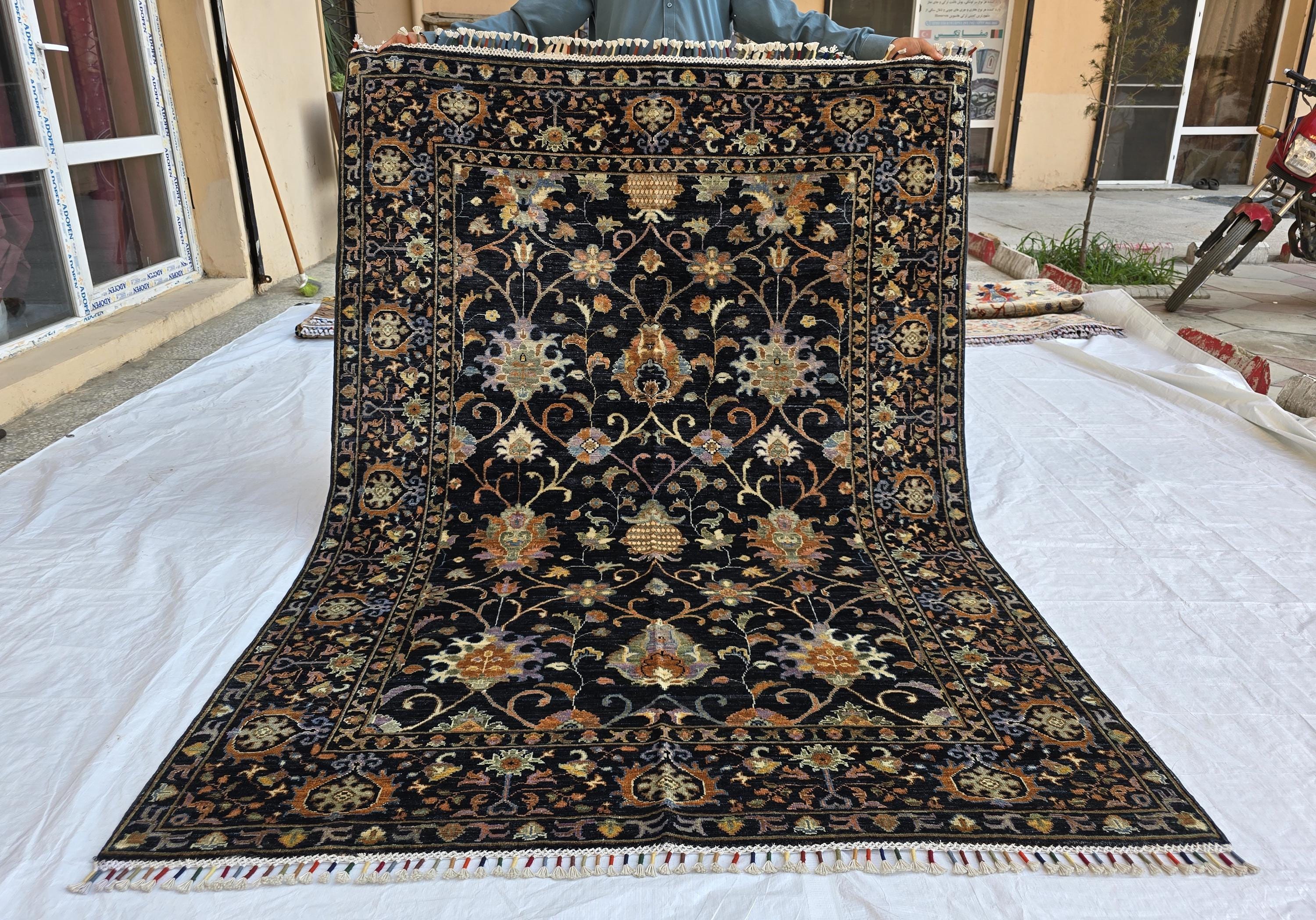 5x7ft Black Floral Afghan Rug – Handmade Wool Area Carpet – Botanical Design – Traditional Oriental Floor Rug – Boho Home Decor, Bedroom Rug