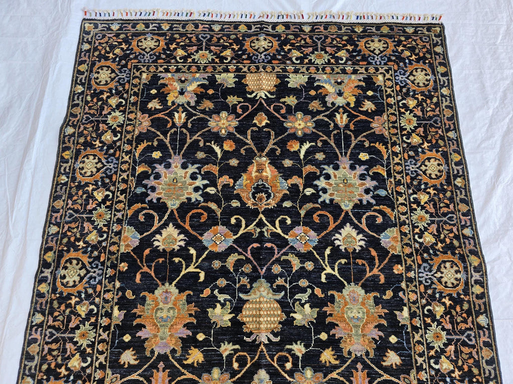 5x7ft Black Floral Afghan Rug – Handmade Wool Area Carpet – Botanical Design – Traditional Oriental Floor Rug – Boho Home Decor, Bedroom Rug