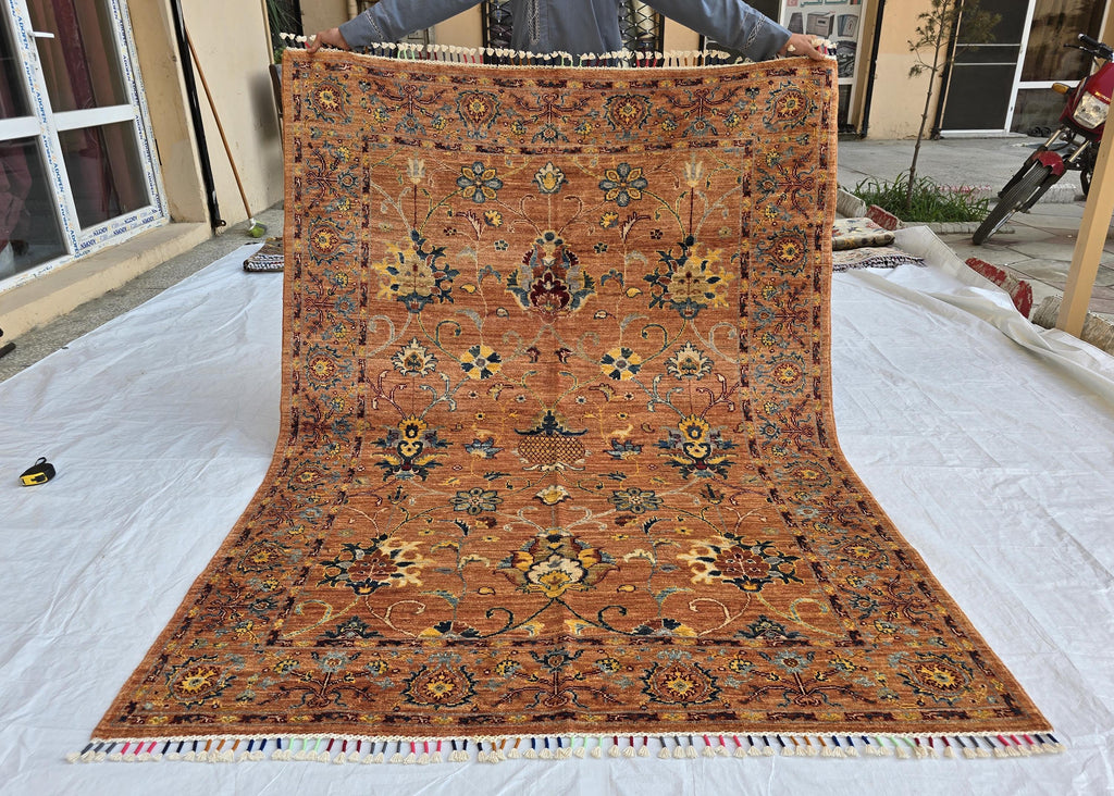 5x6ft Rust Floral Afghan Rug – Handmade Wool Oriental Carpet – Turkmen Botanical Design –Traditional Persian Style Area Rug, Living Room Rug