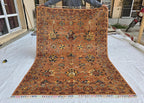 5x6ft Rust Floral Afghan Rug – Handmade Wool Oriental Carpet – Turkmen Botanical Design –Traditional Persian Style Area Rug, Living Room Rug