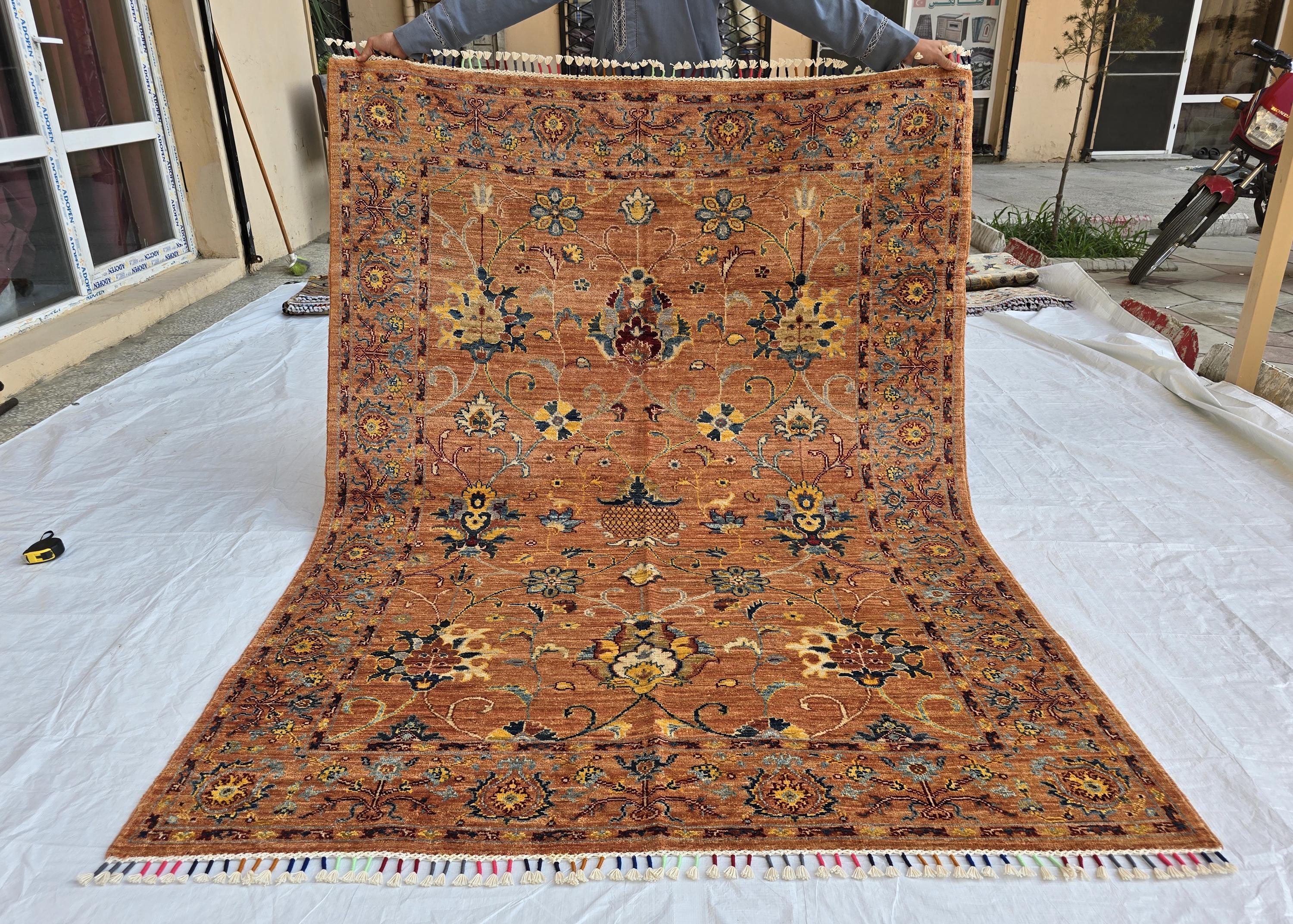 5x6ft Rust Floral Afghan Rug – Handmade Wool Oriental Carpet – Turkmen Botanical Design –Traditional Persian Style Area Rug, Living Room Rug