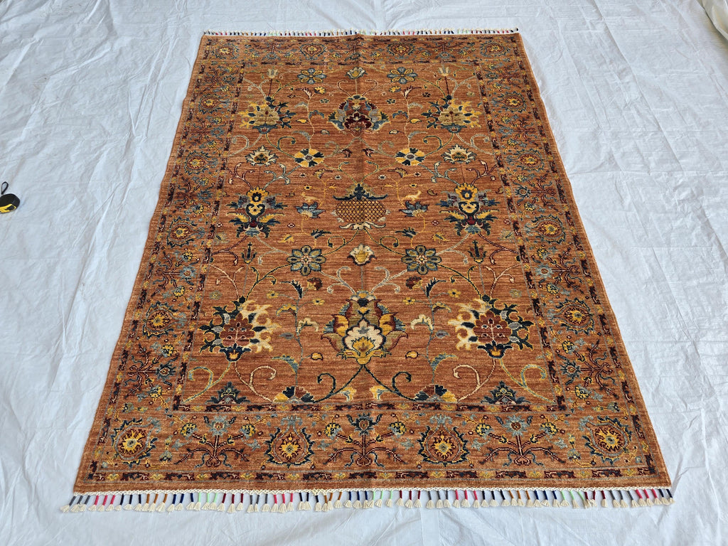 5x6ft Rust Floral Afghan Rug – Handmade Wool Oriental Carpet – Turkmen Botanical Design –Traditional Persian Style Area Rug, Living Room Rug