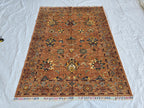5x6ft Rust Floral Afghan Rug – Handmade Wool Oriental Carpet – Turkmen Botanical Design –Traditional Persian Style Area Rug, Living Room Rug