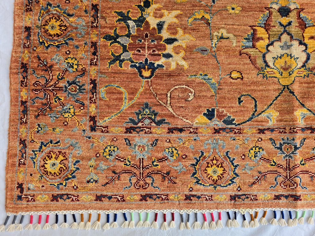 5x6ft Rust Floral Afghan Rug – Handmade Wool Oriental Carpet – Turkmen Botanical Design –Traditional Persian Style Area Rug, Living Room Rug