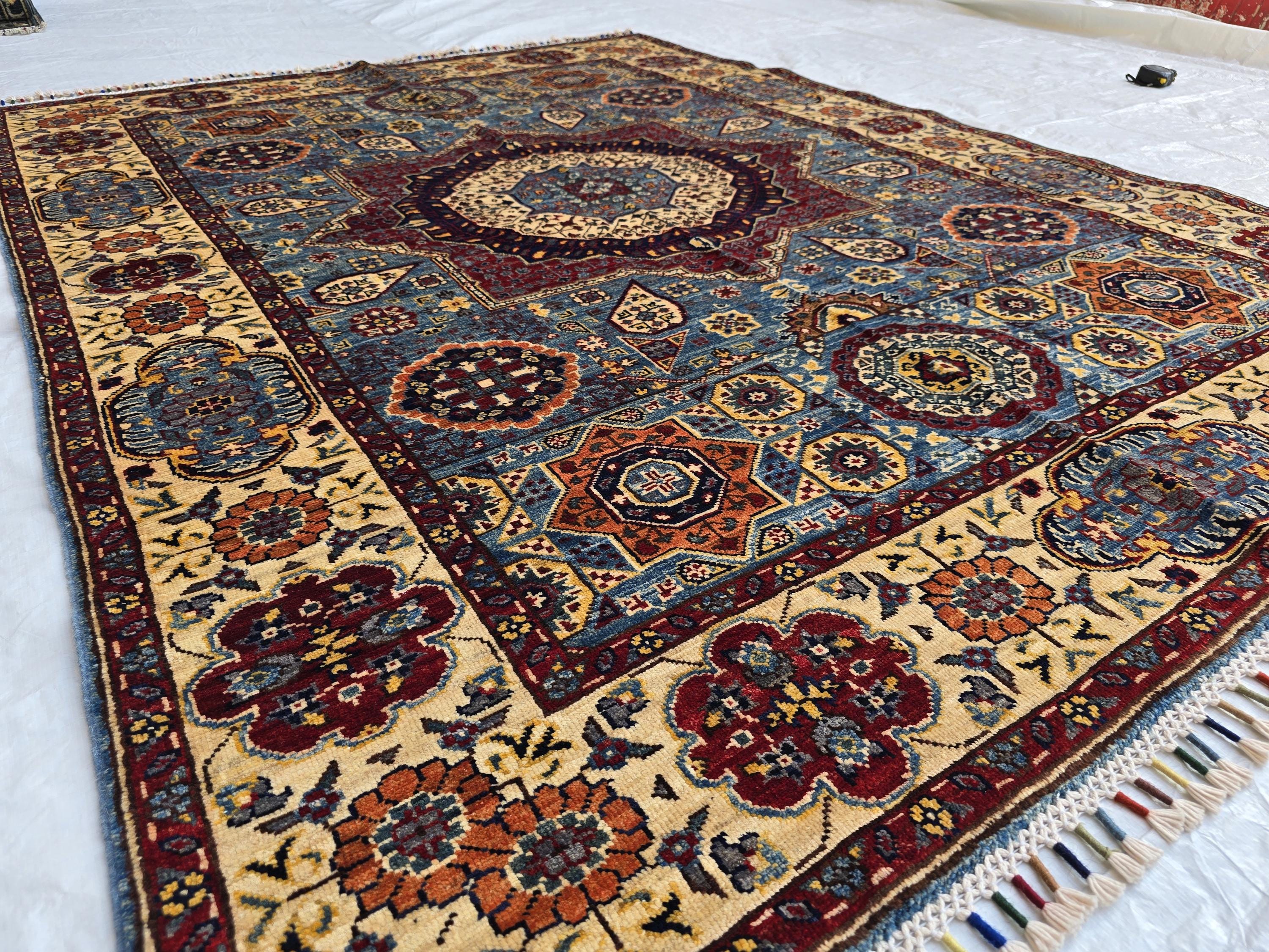 5x7ft Mamluk Blue Modern Rug – Handmade Wool Afghan Area Carpet – Traditional Geometric Oriental Design – Tribal Floor Rug, Living Room Rug