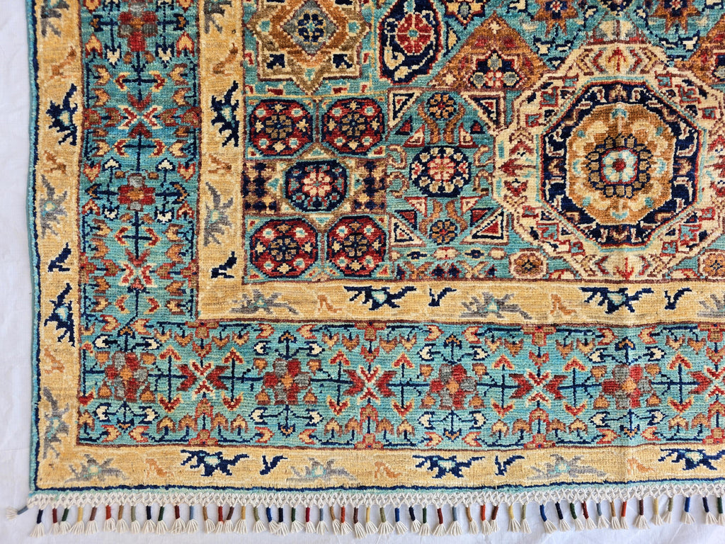 5x7ft Green Mamluk Rug – Handmade Wool Afghan Area Carpet – Traditional Geometric Oriental Design – Tribal Floor Rug, Living Room Rug
