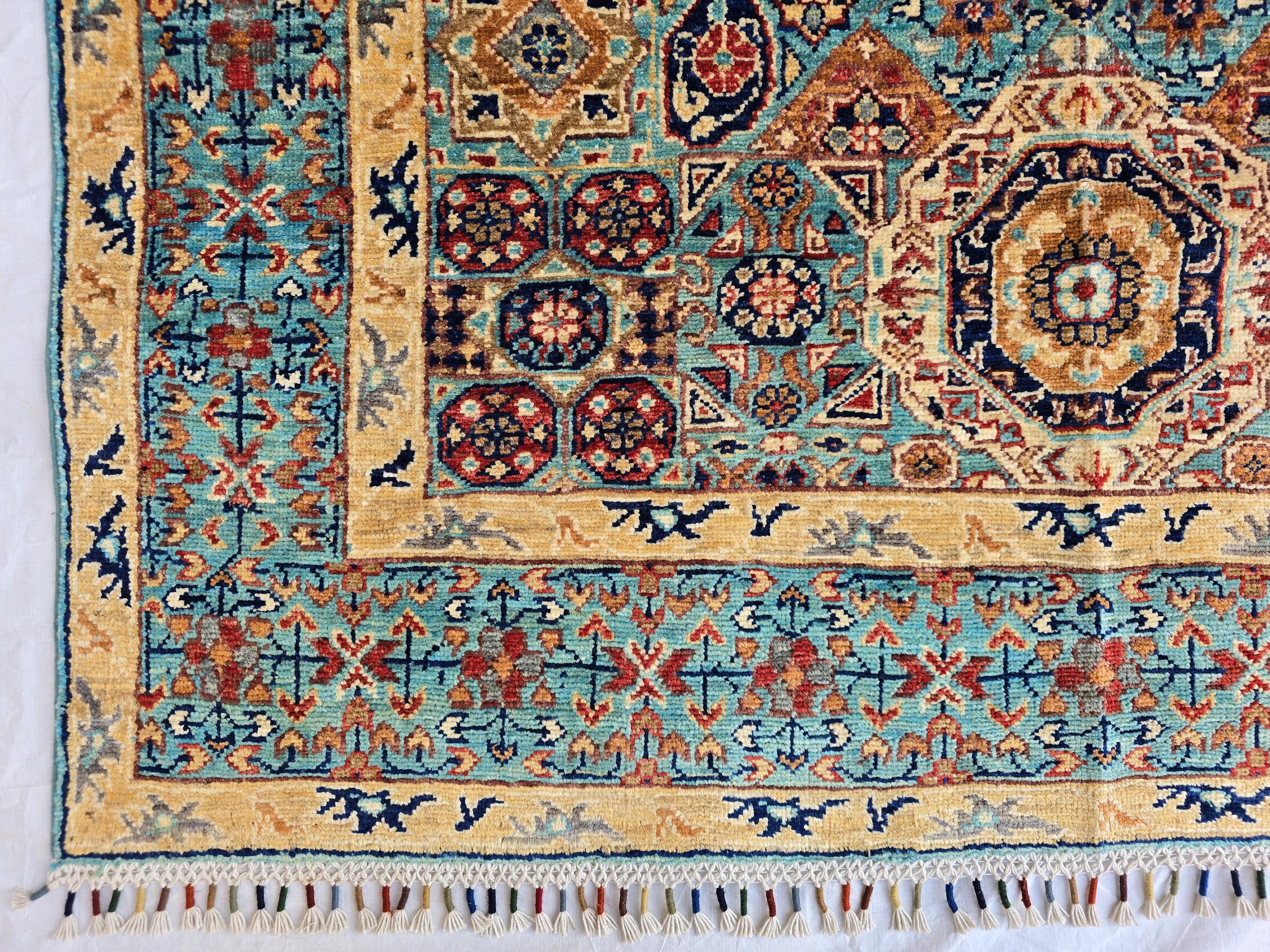 5x7ft Green Mamluk Rug – Handmade Wool Afghan Area Carpet – Traditional Geometric Oriental Design – Tribal Floor Rug, Living Room Rug