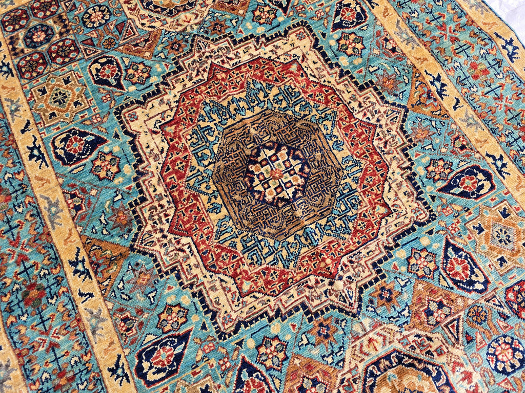 5x7ft Green Mamluk Rug – Handmade Wool Afghan Area Carpet – Traditional Geometric Oriental Design – Tribal Floor Rug, Living Room Rug