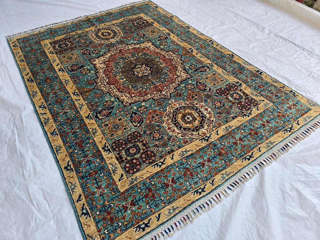 5x7ft Green Mamluk Rug – Handmade Wool Afghan Area Carpet – Traditional Geometric Oriental Design – Tribal Floor Rug, Living Room Rug