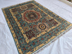 5x7ft Green Mamluk Rug – Handmade Wool Afghan Area Carpet – Traditional Geometric Oriental Design – Tribal Floor Rug, Living Room Rug