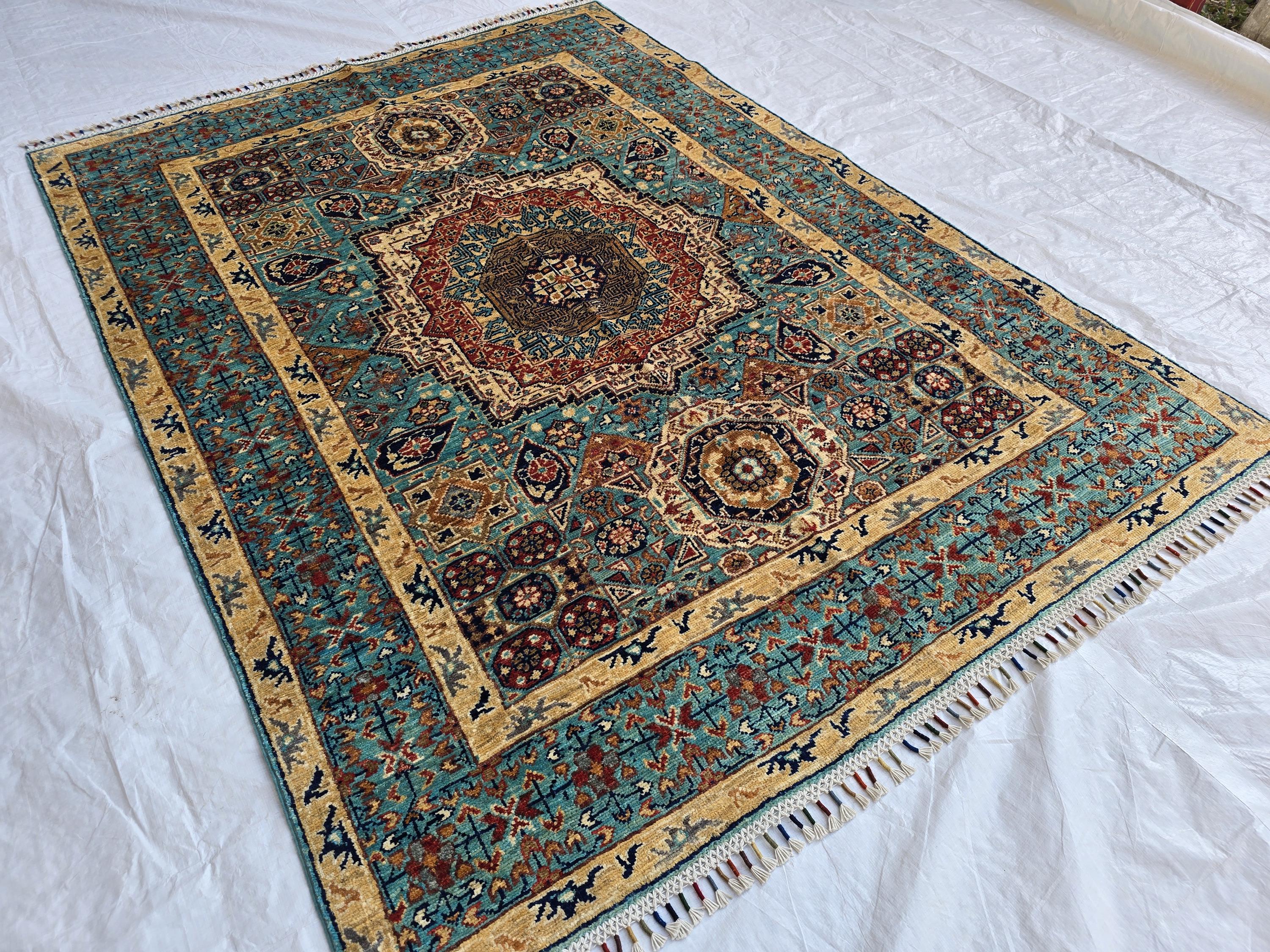 5x7ft Green Mamluk Rug – Handmade Wool Afghan Area Carpet – Traditional Geometric Oriental Design – Tribal Floor Rug, Living Room Rug