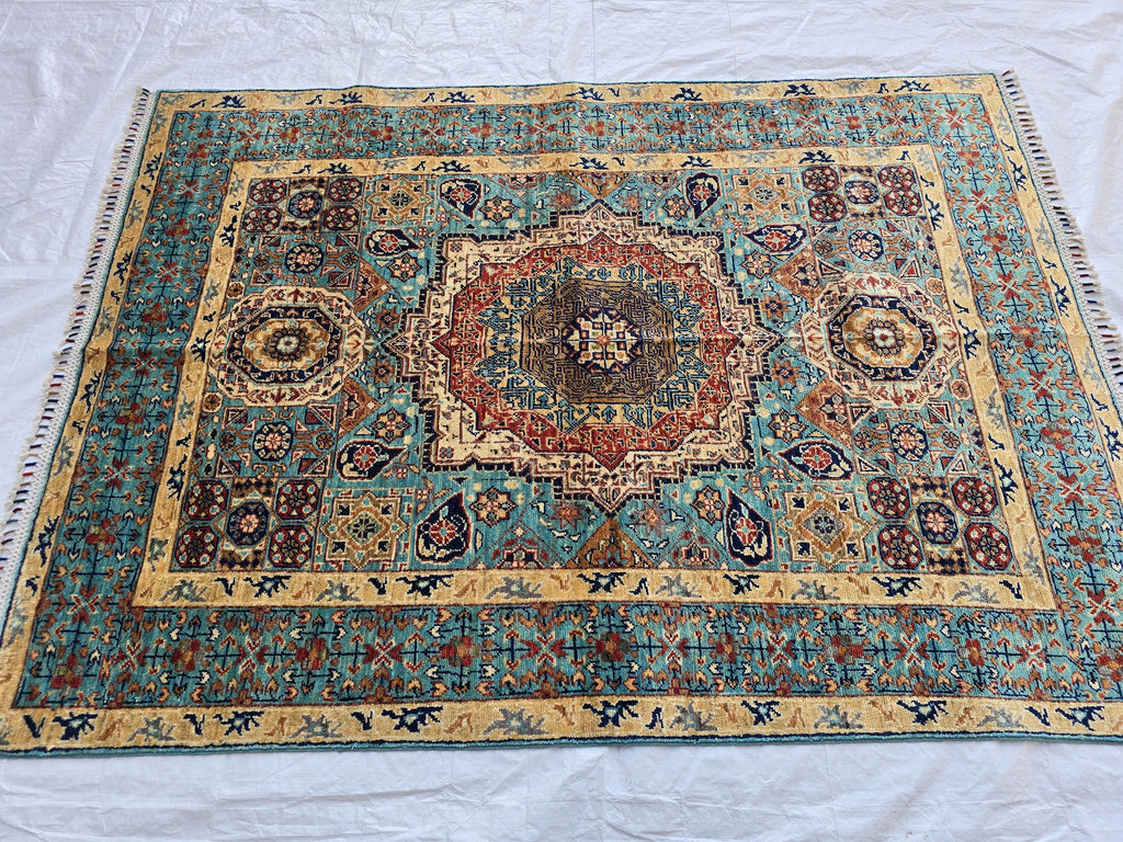 5x7ft Green Mamluk Rug – Handmade Wool Afghan Area Carpet – Traditional Geometric Oriental Design – Tribal Floor Rug, Living Room Rug