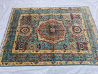 5x7ft Green Mamluk Rug – Handmade Wool Afghan Area Carpet – Traditional Geometric Oriental Design – Tribal Floor Rug, Living Room Rug