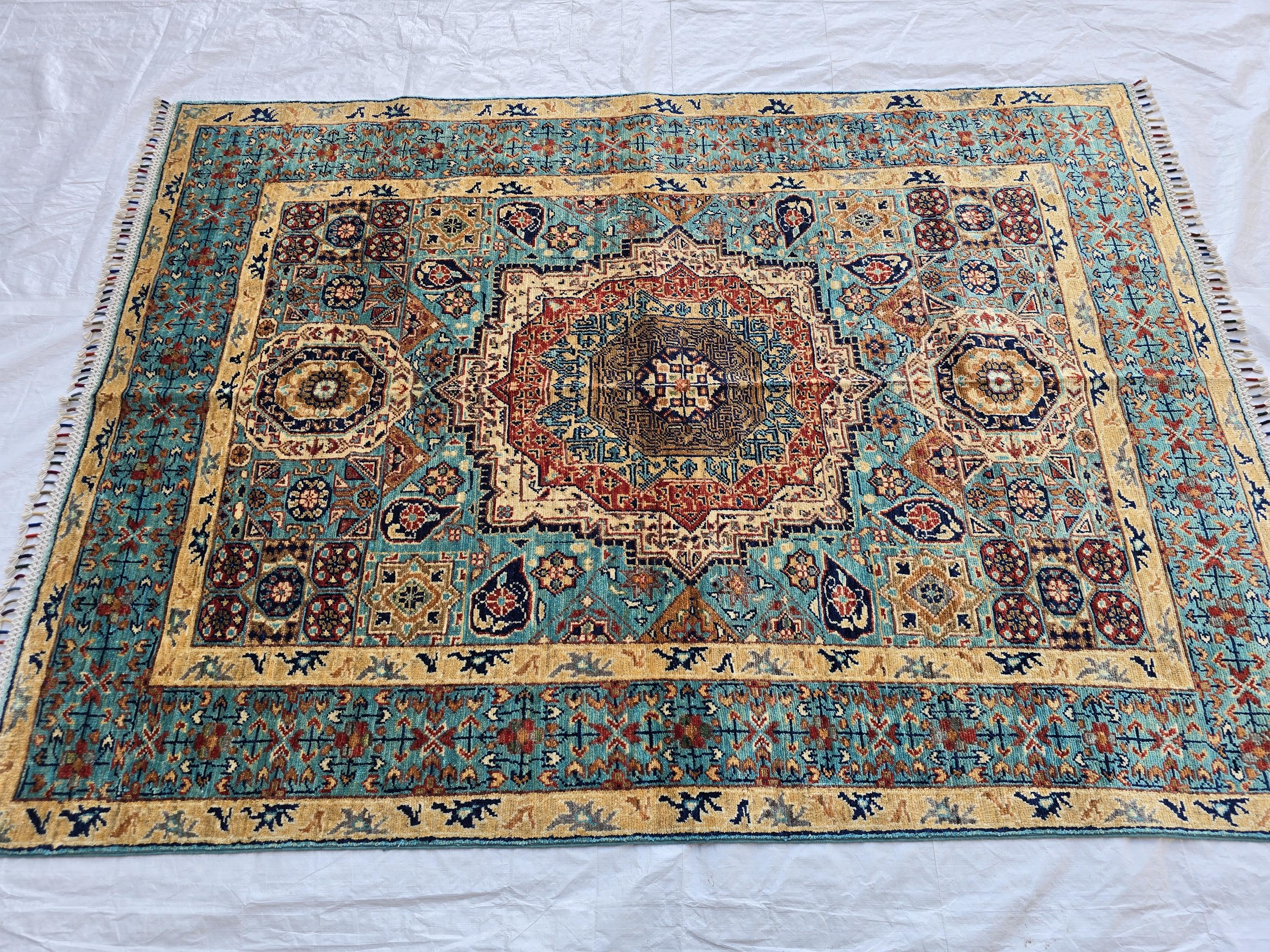 5x7ft Green Mamluk Rug – Handmade Wool Afghan Area Carpet – Traditional Geometric Oriental Design – Tribal Floor Rug, Living Room Rug