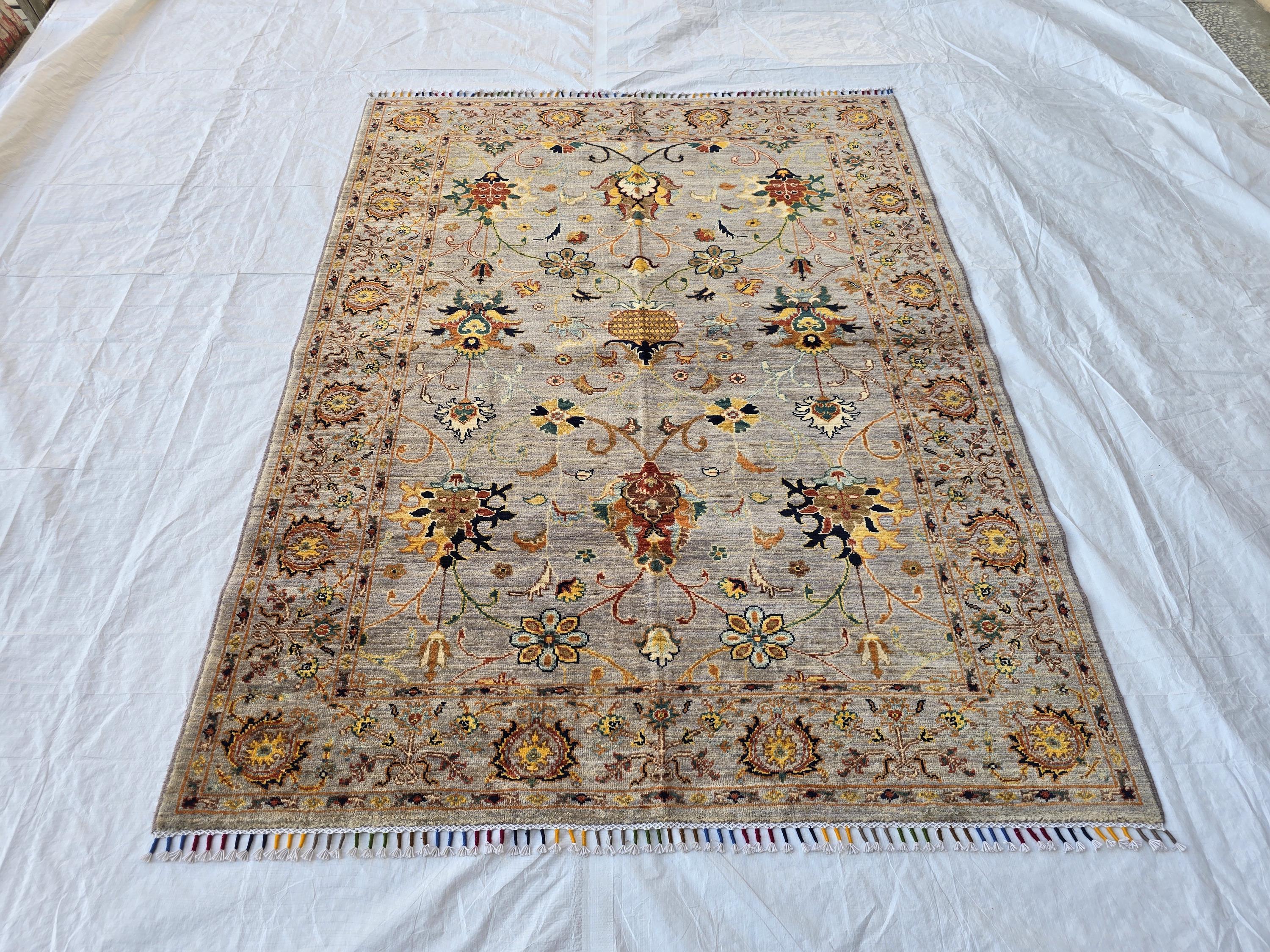 5x7ft Floral Afghan Rug – Handmade Wool Oriental Carpet – Turkmen Botanical Design – Traditional Persian Style Area Rug, Bedroom Rug