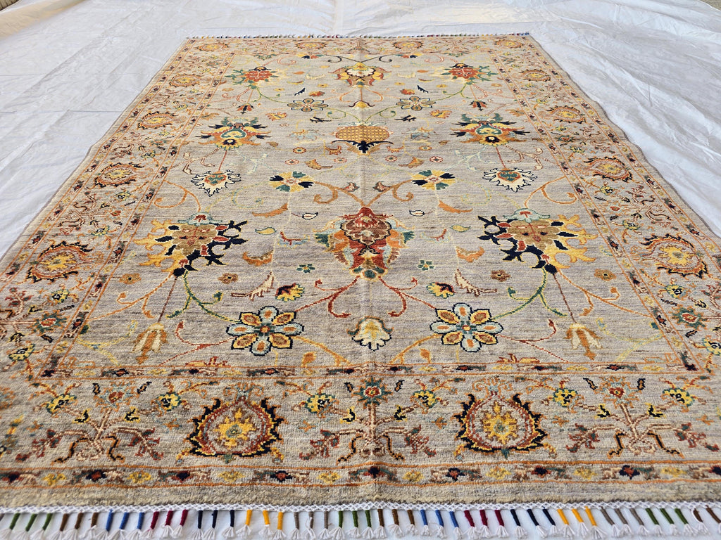 5x7ft Floral Afghan Rug – Handmade Wool Oriental Carpet – Turkmen Botanical Design – Traditional Persian Style Area Rug, Bedroom Rug